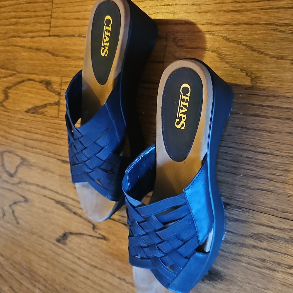 Chaps Womens Wilma Slip-on Elastic Strappy Wedge Heel Sandals Navy Size 7.5B
